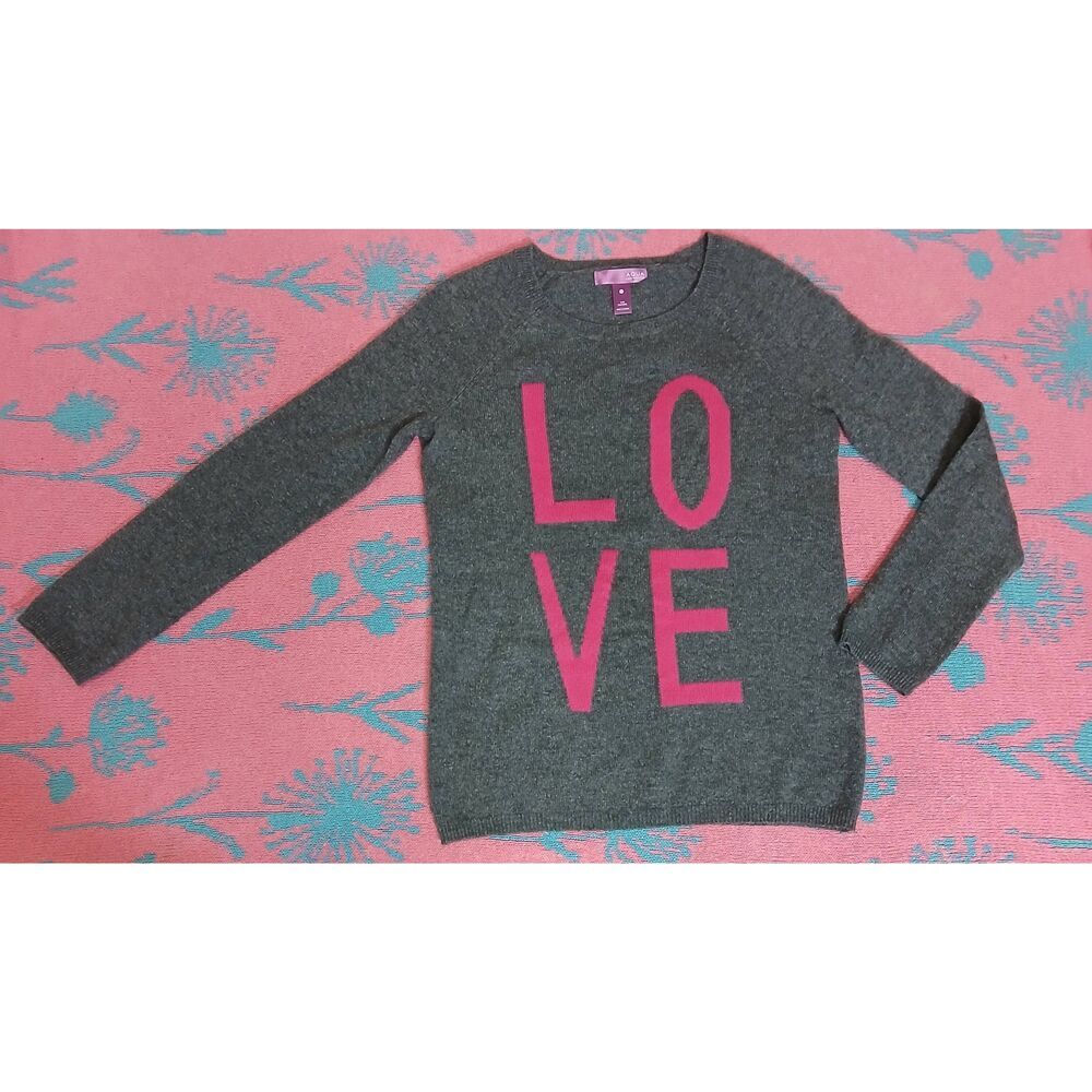 Aqua cashmere womens small gray sweater 100% cashmere pink love graphic